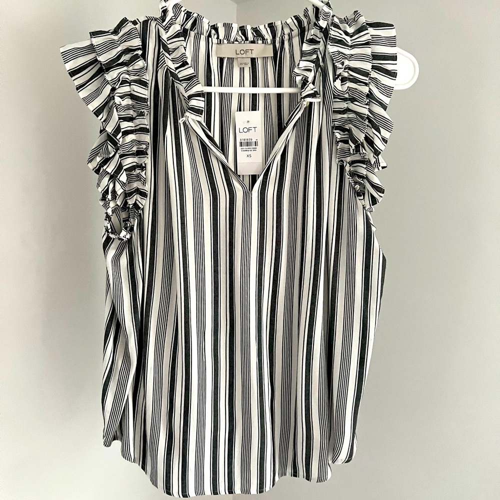 LOFT Women's Petite Striped Ruffle Henley Shell - Whisper White - Size X Small P